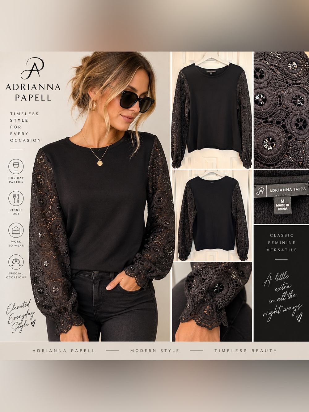 Adrianna Papell Black Floral Lace Sleeve Blouse Top Medium